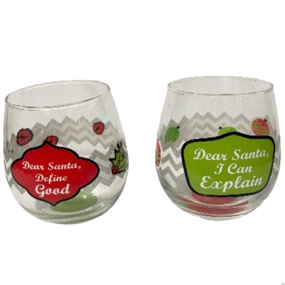 DEAR SANTA Novelty Stemless Wine Holiday Drinking Glasses 32 oz  Set of 2
